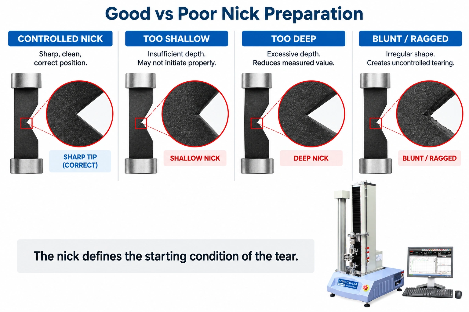 ISO 34-1 rubber tear specimen nick preparation